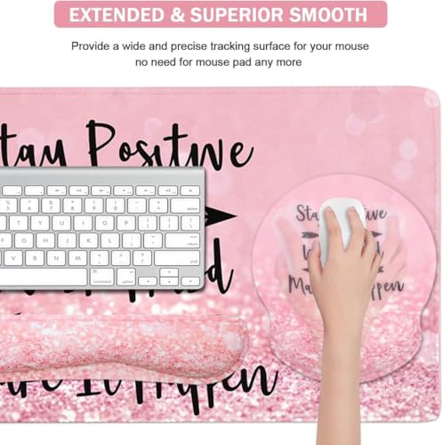 4-in-1 Gaming Mouse Pad Wrist Support Set，Desk Pad + Mouse Pad with Wrist Rest + Keyboard Wrist Rest + Coaster, Ergonomic Design for Home Office Study Game - Pink Stay Positive - color: 4 Pcs Pink Stay Positive