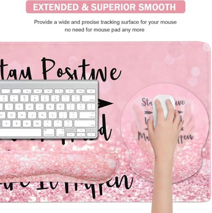 4-in-1 Gaming Mouse Pad Wrist Support Set，Desk Pad + Mouse Pad with Wrist Rest + Keyboard Wrist Rest + Coaster, Ergonomic Design for Home Office Study Game - Pink Stay Positive - color: 4 Pcs Pink Stay Positive
