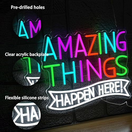 Amazing Things Happen Here Neon Sign Inspirational Rainbow Neon Light USB Powered Amazing Light LED Sign for Wall Decor Bar Club Party Home Room(16.54 * 11.02In) - style: Amazing Things Happen Here