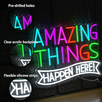 Amazing Things Happen Here Neon Sign Inspirational Rainbow Neon Light USB Powered Amazing Light LED Sign for Wall Decor Bar Club Party Home Room(16.54 * 11.02In) - style: Amazing Things Happen Here
