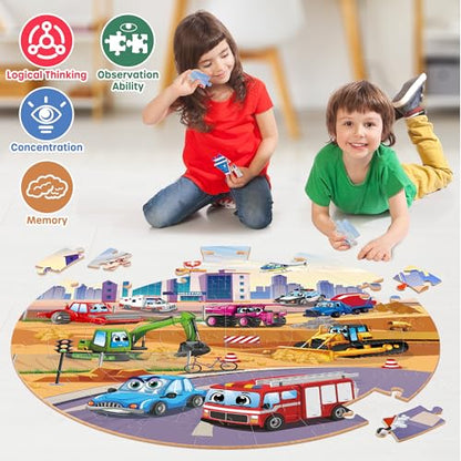SYNARRY Vehicle Floor Puzzle for Kids Ages 3-5, Large 70 Piece Puzzle for Kids Ages 4-6, Preschool Toys Gifts for 3 4 5 6 7 8 Years Old Boys Girls Children, Easter Basket Stuffers for Boys Girls - style: Vehicle