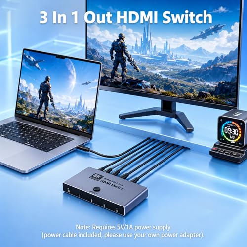 8K HDMI Switch: HDMI 2.1 Switcher 3 in 1 Out Supports CEC 8K@60Hz, 4K@240Hz, HDCP 2.3 HDR 3D Dolby Atmos VRR IR Remote Compatible with Popular Gaming Consoles and Media Devices