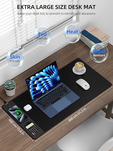 TopMade Mouse Pad with 15W Wireless Charging, Removable 8-Digit Solar Calculator, Exact Large Desk Pad, Waterproof Mousepad Home Office Desk Mat (Includes 20W PD Power Adapter & 6.56ft Woven Cable) - color: Black-Calculator-31.5"x15.8"-with Adapter
