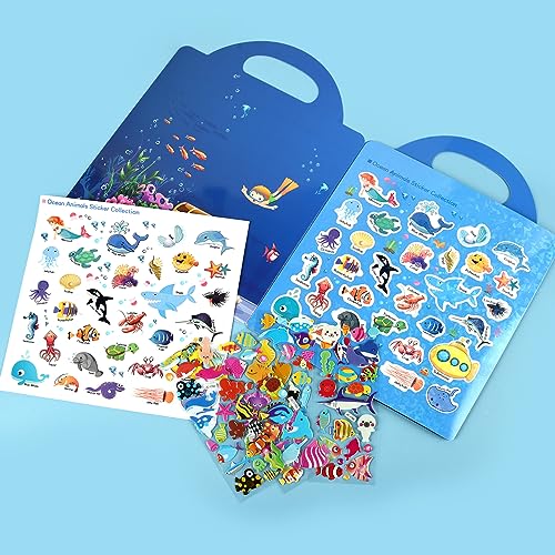 ASTARON Reusable Sticker Book for Toddlers, 88 Pcs Ocean Stickers Road Trip Activities Car Airplane Activities Travel Toys for Kids, Kids Quiet Time Activities (2-6 Age) - style: Ocean animals