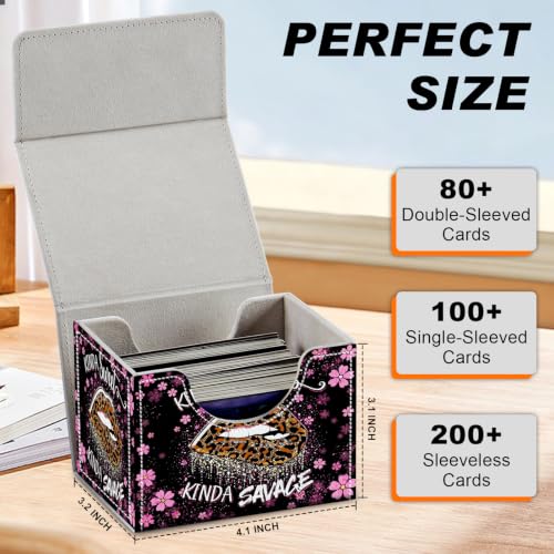Magnetic Closure TCG Deck Box Portable Card Holder Trading Card Deck Box | PU Leather Collectible Card Case Game Trading Card Deck Box Storage Scratch Resistant Lining, Leopard Print Lips Pink Daisy - color: Leopard Print Lips Pink Daisy