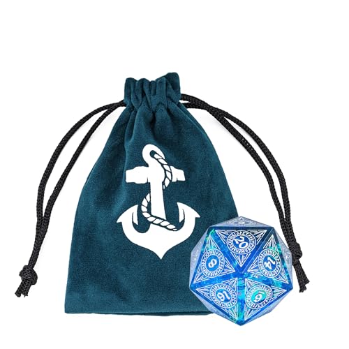 Cusdie Single D20 DND Dice with Sharp Edges and Glitter Foil Inclusions, 20 Sided D&D Dice, 33mm Handcrafted Polyhedral Dice, for Role Playing Game (Blue w/White Pattern) - color: Blue W/White Pattern