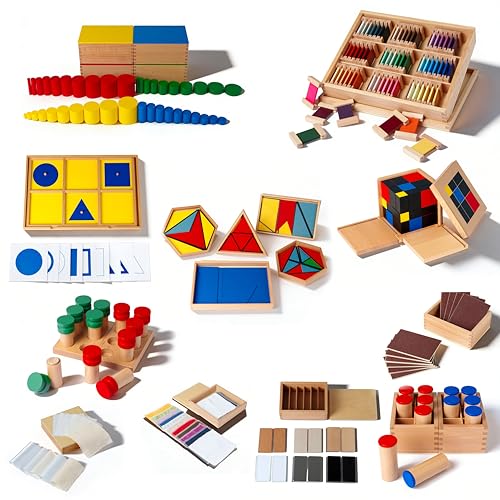 Advanced Montessori Sensory Toys, Montessori Sensorial Kit 2 with Knobless Cylinders & Trinomial Cube, 12 Premium Beechwood Educational Toys for Kids 3-8, Homeschool Preschool Learning Materials - color: Sensorial Series Kit 2