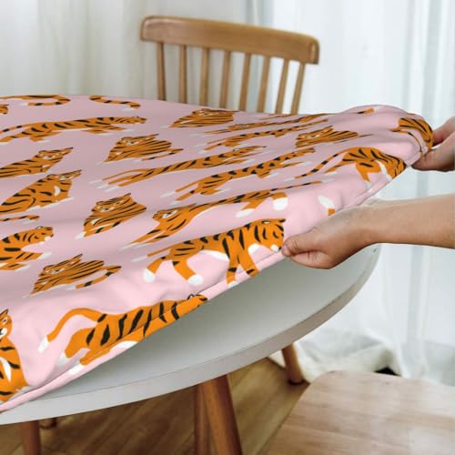 Famame Cute Tigers Pink Round Fitted Tablecloth with Elastic Protector Table Cloth Kitchen Dinner Waterproof Oil-Proof Table Covers Fits 40"-44", Small - color: Seamless Tigers Pink