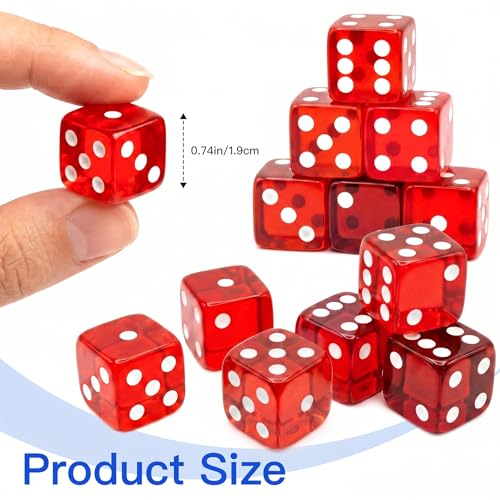12 Piece 19 mm Casino Style Dice Set, Acrylic Translucent D6 Dice with Square Rounded Edge, Red for Craps, Table Games, Board Games, RPG, MTG, DND(Red) - color: Red