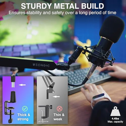 Sensic SA-30 LP Low Profile Microphone Boom Arm, 360° Rotatable Mic Stand, Low Profile Microphone arm for streaming with Cable Management, Professional Mic Arm, Mic Boom Arm Black