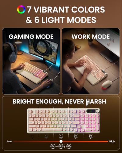 EWEADN Wired Keyboard and Mouse Combo with Detachable Wrist Rest, Quiet Ergonomic Keyboard Mouse Set with Multimedia Knob, RGB Backlit, Double-Shot Keycaps Natural Typing for Laptop, PC - Peach - color: Peach
