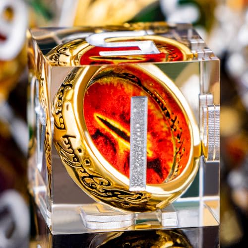 Magic Golden Ring DND Dice Set Sharp Edge Red Gaze Eye Resin Dice with Box, for use with RPG D&D Tabletop Games Lord D and D Polyhedral Dice Set - color: Ring -Eye-silver Numbers