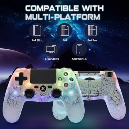 Wireless Controller for P-4, White Crack Custom Design, Adjustable RGB Light,1000mAh Battery, Double Vibration, 6-Axis, Built-in Speaker & 3.5mm Headphone Jack, Gamepad Compatible with PlayStation 4 - color: White