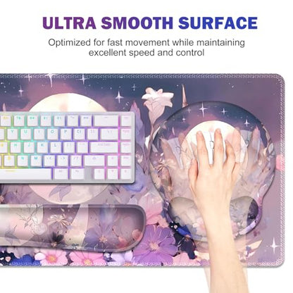 Large Desk Mat, Gaming Mouse Pad Desk Pad, Mousepad + Keyboard Wrist Rest | +Mouse Wrist Rest+Coaster Set with Ergonomic XXL Desk Pad Protector for Home Office PC Computer, Pastel Purple Flower Moon - color: Pastel Purple Flower Moon