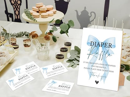 Blue Bow Baby Shower Diaper Raffle, Pack of 1 Wooden Tabletop Sign with Stand and 50 Diaper Raffle Tickets, Blue Coquette Bow Baby Shower Game, Gender Reveal Party Decorations - FS02 - color: Diaper Raffle