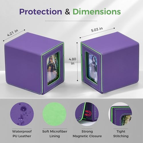 MTG Commander Deck Box with Dual Display Windows and Dice Tray | Fits 100 Double-Sleeved Cards, PU Leather, 2 Magnetic Card Holders, 2 Dividers, Purple & Neon Green - color: 1. Purple & Neon Green