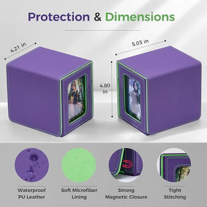 MTG Commander Deck Box with Dual Display Windows and Dice Tray | Fits 100 Double-Sleeved Cards, PU Leather, 2 Magnetic Card Holders, 2 Dividers, Purple & Neon Green - color: 1. Purple & Neon Green