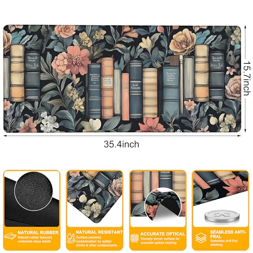Large Mouse Pad Retro Books and Flower Waterproof Extra Large Mousepad with Stitched Edges Non-Slip Rubber Base Computer Protector Desk Pad for School Office Home 35.4"X 15.7" - color: Mystical Gothic Library