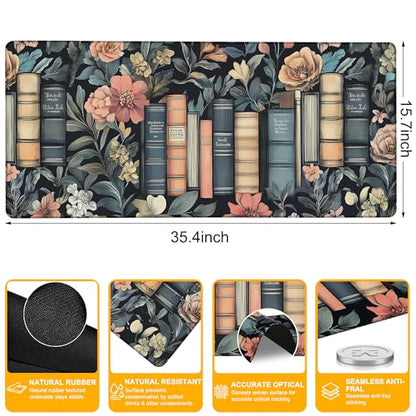 Large Mouse Pad Retro Books and Flower Waterproof Extra Large Mousepad with Stitched Edges Non-Slip Rubber Base Computer Protector Desk Pad for School Office Home 35.4"X 15.7" - color: Mystical Gothic Library
