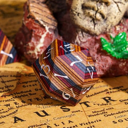 Wooden Dice Set Yellow Striped Wood DND Dice for D&D Tabletop Games | Iron Box, DM Gift, for Dungeons and Dragons Role Playing Games - color: Yellow Striped/Silver