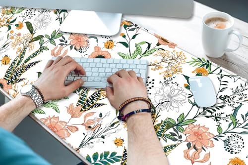 XXL Waterproof Office Desk Pad Protector 35.4x15.7 Inch - Extended Gaming Mouse Pad with Non-Slip Rubber Base, Thickened Keyboard Mat, Stitched Edges & Floral Flowers Design - color: Red