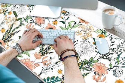 XXL Waterproof Office Desk Pad Protector 35.4x15.7 Inch - Extended Gaming Mouse Pad with Non-Slip Rubber Base, Thickened Keyboard Mat, Stitched Edges & Floral Flowers Design - color: Red