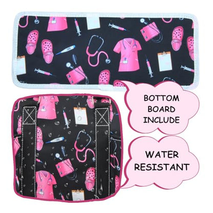 NGIL Utility Water Resistant Tote Bag | Work Tote for Women, Nurse Bag, Teacher's Choice Purse, Gym Bag, Everyday Organizer Top Zipper Closure - color: Pink Nurse Print-black
