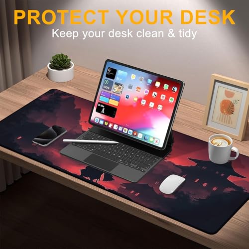 Large Mouse Pad Samurai Blood Moon Dusk Waterproof Extra Large Mousepad with Stitched Edges Non-Slip Rubber Base Computer Protector Desk Pad for School Office Home 35.4"X 15.7" - color: Blood Moon Cherry Blossom