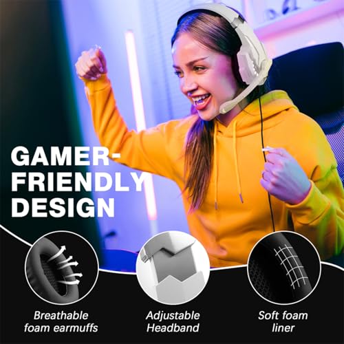Cuifati Gaming Headset, Over Ear Headphone with Noise Cancelling Microphone and LED Lights, 40mm Drivers for PC, Laptop, Mobile Phone, Gaming Console (White) - color: White