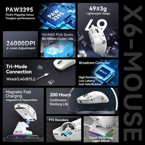 MAMBASNAKE Attack Shark X6 Wireless Gaming Mouse,RGB Magnetic Charging Dock,X3 Upgrade, 49g Ultralight 2.4GHz/BT5.2/USB-C Tri-Mode,PAW3395 Sensor 26KDPI,G502 Programmable Mice for Win/Mac-White&Tape - color: White&Tape