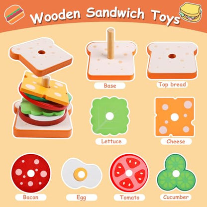 Pajojoqa Wooden Sandwich Stacking Toys, Montessori Toys for Toddlers Kitchen Play Food Educational Preschool Learning Toys Christmas Birthday Gift Kids Toys for Boys Girls 3 4 5 Years Old (Sandwich) - color: Sandwich