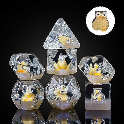Cusdie 7-Die DND Dice, Polyhedral Dice Set Filled with Animal, for Role Playing Game D&D Dice (Owl) - color: Owl