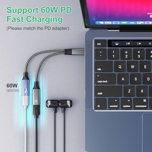 Dual USB-C Headphone and Charger Adapter - 1 in 2 out USB C Splitter with 60W Fast Charging and Audio Adapter for iPhone 16 15 iPad Huawei Galaxy PC, Type-C to Headphone Splitter for Call & Music