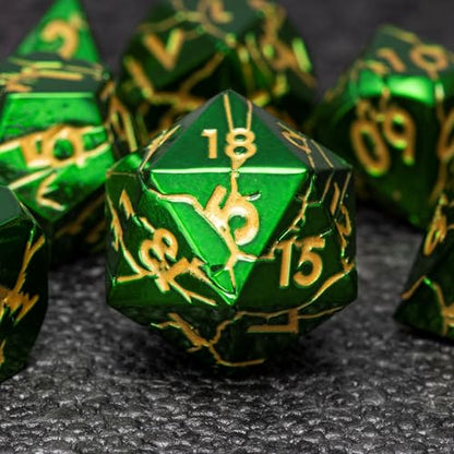 Metal Dice for DND - Ancient Cracked Lightning - Green Gold Cracks | Beautiful 7pc Polyhedral Dice Set, Smooth Rolling, Role Playing Games (RPG), Compatible with D&D, for Dungeons and Dragons - color: Green Gold Lightning