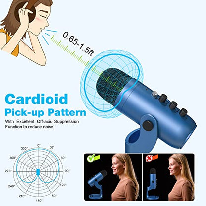 ZealSound Podcast Microphone for PC, Noise Cancellation USB Mic with Gain, Volume Adjustment & Mute Button, Monitoring & Echo, for YouTube, TikTok, Podcasting, Streaming, iPhone, iPad, Android(Blue) - color: Blue