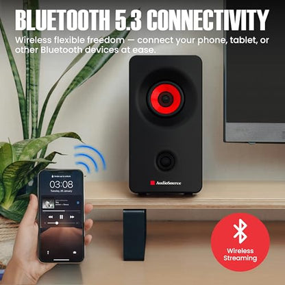 Audiosource Desktop PC Speakers with Bluetooth 5.3, USB-C Plug & Play, 2.0 Stereo Computer Speakers with Dual 2" Drivers, Compact Design, AUX Input, LED Indicator (Black) - color: Black