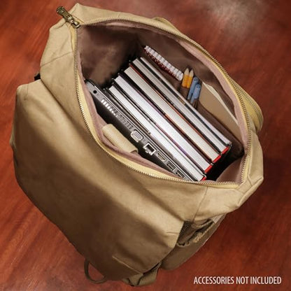 ENHANCE Venture Canvas DnD Backpack - RPG DM Bag for Dungeons and Dragons with Removable Dice Tray - Travel DnD Bag fits 4-6 Books Upright, 17" Laptop/DM Screen Slot, Luggage Slot, Chest and Map Strap