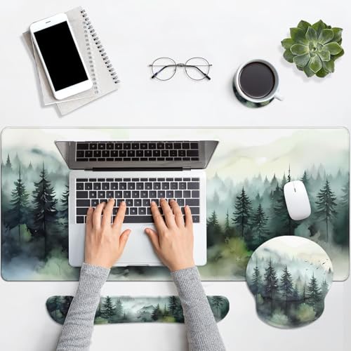 Britimes Green Ink Style Mountain Forest Keyboard Mouse Pad Set 4in1 Large Mousepad+Keyboard Wrist Rest+Mouse Wrist Rest+Coaster Set with Ergonomic Design for Home Office Computer 35.4x15.7 inches - color: Ink Style Mountain Forest