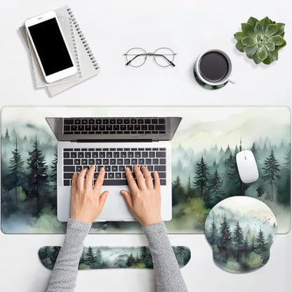 Britimes Green Ink Style Mountain Forest Keyboard Mouse Pad Set 4in1 Large Mousepad+Keyboard Wrist Rest+Mouse Wrist Rest+Coaster Set with Ergonomic Design for Home Office Computer 35.4x15.7 inches - color: Ink Style Mountain Forest