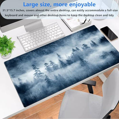 Misty Forest Desk Mat, Pine Tree Large Gaming Mouse Pad 31.5x15.7 in | Calming foggy forest nature desk pad with soft 3mm cushion, smooth fabric top, and non-slip natural rubber base. - color: Misty Forest