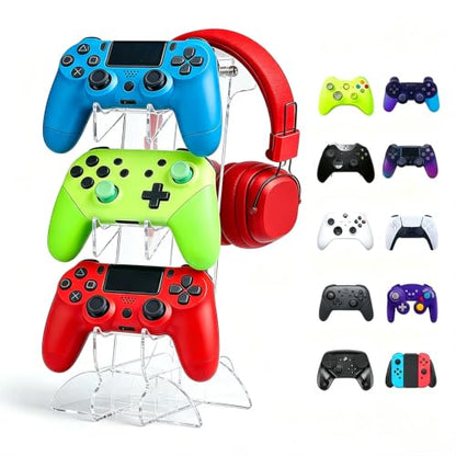 Controller Stand 3 Tiers, Universal Controller Holder Headphone Stand | Headset Holder, Acrylic Controller Display Stand Compatible with PS5, PS4, Nintendo Switch, Full Clear - size: 3-Tiers Clear