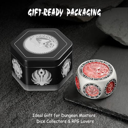 DNDND Dual D20 8-in-1 Spinner Metal Dice - Hexagonal Spinning D&D Monster Themed Dice Set for TTRPG Dungeons and Dragons, Dungeon Masters with Collectible Gift Tin (Silver with Red) - color: Silver Red
