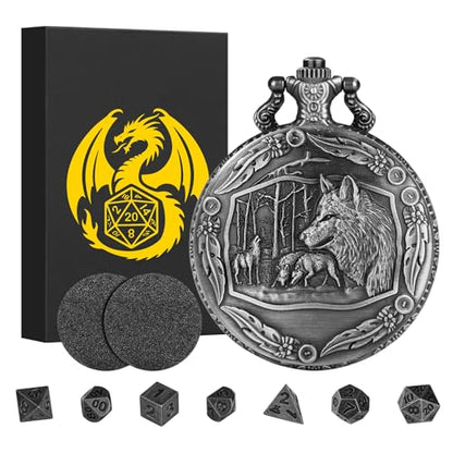 Mini DND Dice Set with Steampunk Wolf Pocket Watch Shell Case, 7pcs Polyhedral Metal D&D Dice Set, DND Gifts with Gift Box for Gamer, Role Playing Board Games Accessories, Dark Silver, Zinc Alloy - color: Dark Silver