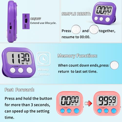Timer for Kids Teachers Supplies Digital Kitchen Timers for Cooking Large Magnetic Classroom Timer 2Pack-Pink Purple - color: Pink Purple