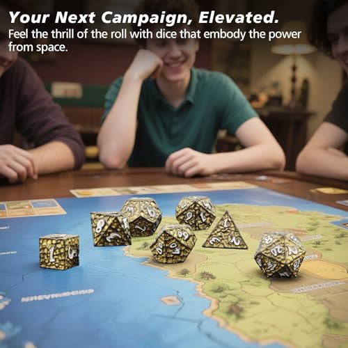 PJOY Metal D&D Dice Set for Dungeons and Dragons Dice with Case Meteorite Black Gold Glitters 7PCS 16mm Role Playing Cool DND Gifts for Players DM Board Game Masters - color: Black Gold
