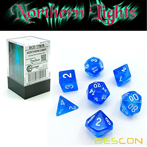 Bescon Super Glow in the Dark Nebula Glitter Polyhedral Dice Set Northern Light, Luminous RPG Dice Set,Glowing Novelty DND Game Dice Set, Novelty DND Game Dice d4 d6 d8 d10 d12 d20 d% in Brick Box - color: Northern Light