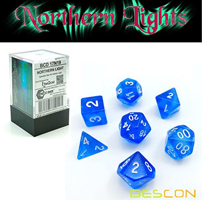 Bescon Super Glow in the Dark Nebula Glitter Polyhedral Dice Set Northern Light, Luminous RPG Dice Set,Glowing Novelty DND Game Dice Set, Novelty DND Game Dice d4 d6 d8 d10 d12 d20 d% in Brick Box - color: Northern Light
