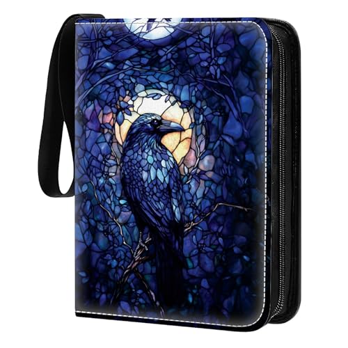 Card Binder 400 Pockets, 50 Sleeves Large Binder Trading Cards Holder 4 Pocket, Storage Organizer, Album Folder Case Protector Collector Gift Blue Sun Stained Glass Raven - color: Blue Sun Stained Glass Raven, size: 4 Pocket