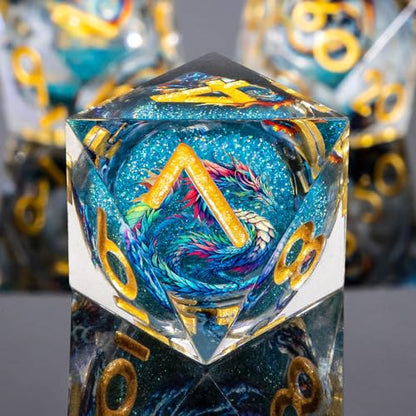 Roycevon Dragon Pattern Liquid Core DND Dice Set, 7Pcs Sharp Edge Dice with Gift Box, Resin Blue Dungeons Dragons D and D Role Playing Dice D20 D12 D10 D8 D6 D4 - color: Blue Gold