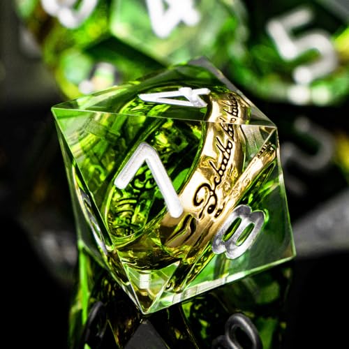Magic Golden Ring DND Dice Set with Case, Green Resin Sharp Edge D and D Dice for use with D&D Tabletop Games Lord Handmade Polyhedral Dice Set D20 D12 D10 D8 D6 D4 - color: Ring - Green-2